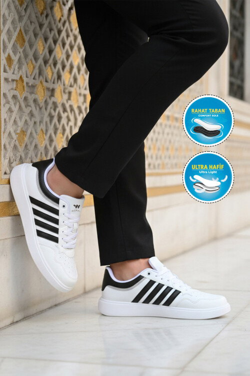 Beyaz Siyah Hafif Bağcıklı Erkek Spor Ayakkabı Pori 2079 M