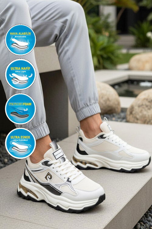Beyaz Siyah Fileli Hafif Esnek Hafızalı Taban Erkek Spor Ayakkabı PCI-11349 M