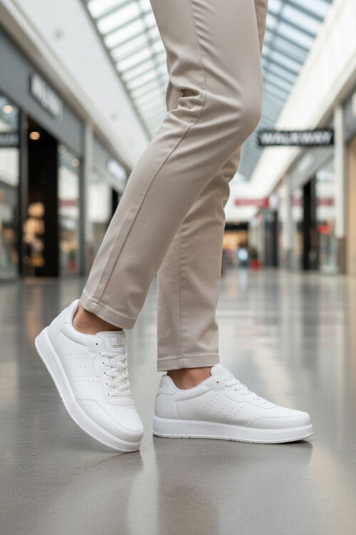 Beyaz Büyük Numara Bağcıklı Cilt Erkek Spor Ayakkabı 158 M