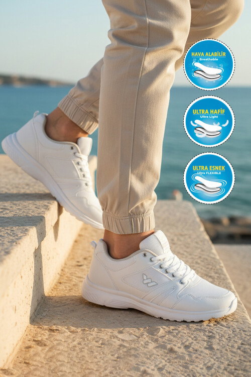 Beyaz Fileli Hafif Esnek Büyük Numara Spor Ayakkabı 020 M