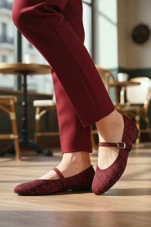 Bordo Hafif Esnek Taş İşlemeli Kadın Babet Ayakkabı 666158 Z