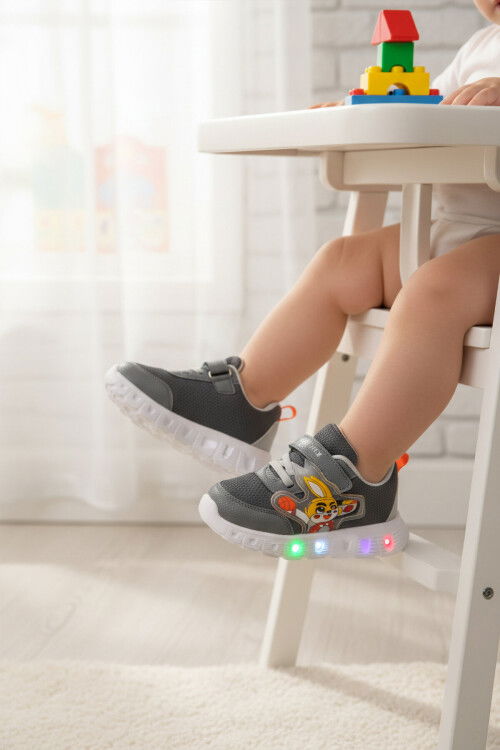 Füme Cırtlı Işıklı Fileli Hafif Bebek Spor Ayakkabı 1015 B