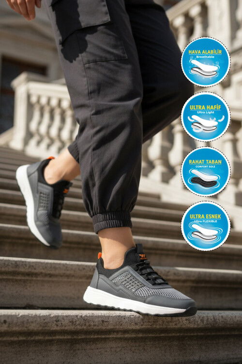 Füme Fileli Hafif Esnek Lastik Bağcıklı Erkek Spor Ayakkabı Motano M