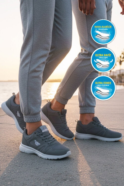 Füme Fileli Hafif Bağcıklı Esnek Unisex Spor Ayakkabı 020 G