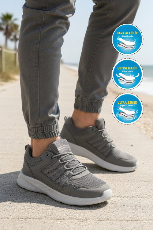 Füme Fileli Hafif Bağcıklı Esnek Erkek Spor Ayakkabı 2029 M