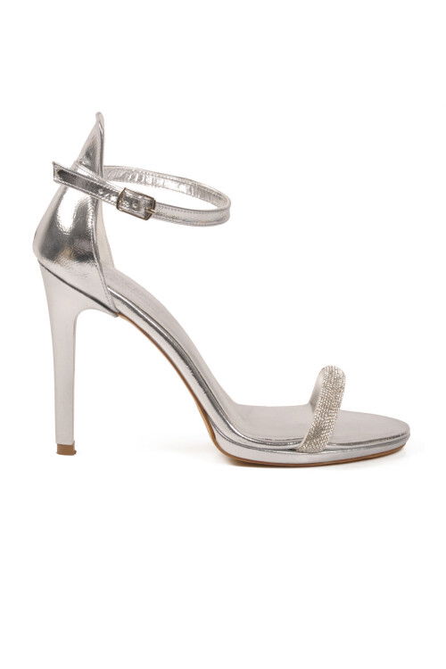 Gümüş Taş İşlemeli İnce Uzun Topuklu Kadın Abiye Ayakkabı 655527 Z