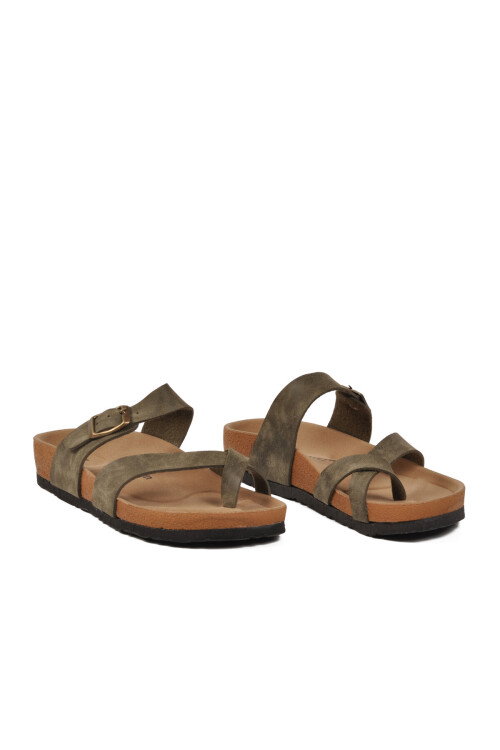 Haki Çift Bantlı Hafif Kadın Günlük Terlik PC-7547 Z