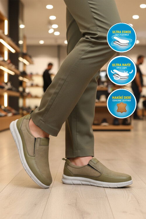 Premium Haki Hakiki Deri Anatomik Erkek Casual Ayakkabı 3704 M