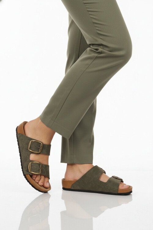 Haki Çift Bantlı Kadın Hafif Günlük Terlik PC-7551 Z