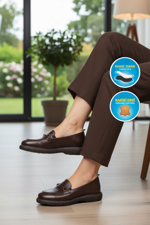 Kahve Hakiki Deri Kadın Casual Ayakkabı Premium 44332 Z