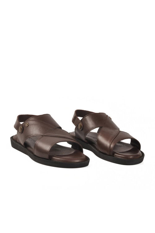 Kahve Lastikli Hakiki Deri Günlük Erkek Sandalet PC-7315 M