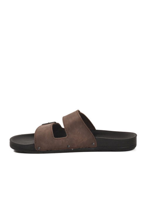 Kahve Çift Bantlı Hafif Deri Erkek Terlik PC-7038 M