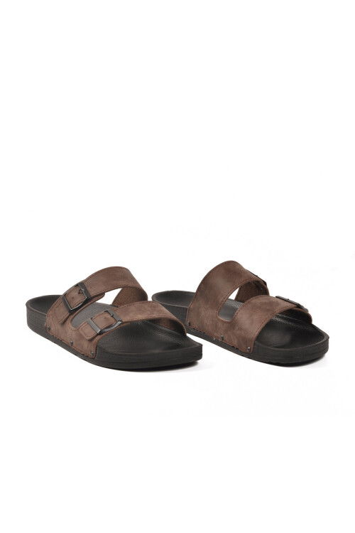 Kahve Çift Bantlı Hafif Deri Erkek Terlik PC-7038 M