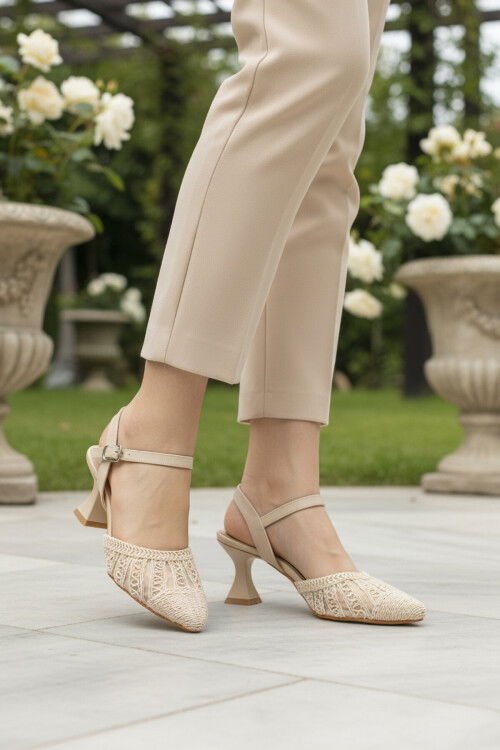 Cream Knitted Heeled Womens Evening Shoes PC-54660 Z