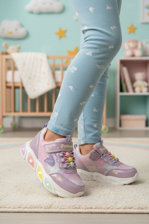 Mor Cırtlı Işıklı Hafif Kız Çocuk Spor Ayakkabı 1998 P