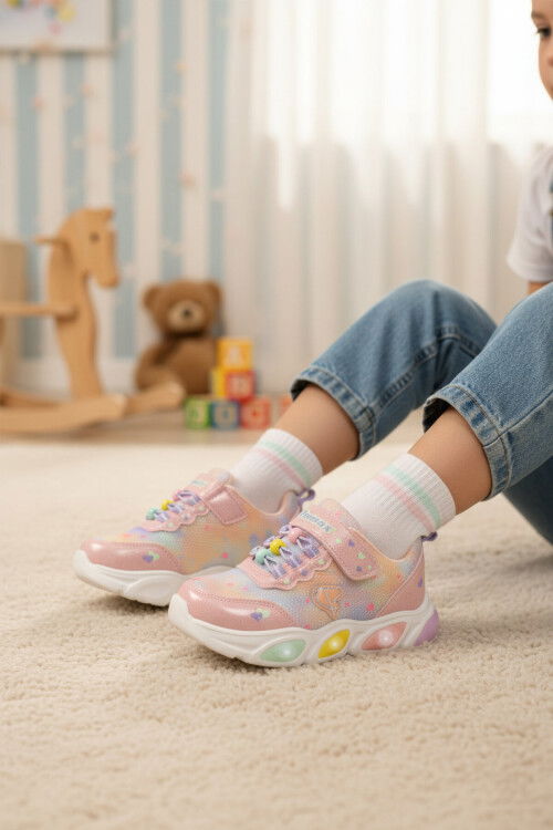 Pembe Cırtlı Işıklı Hafif Kız Çocuk Spor Ayakkabı 1998 P