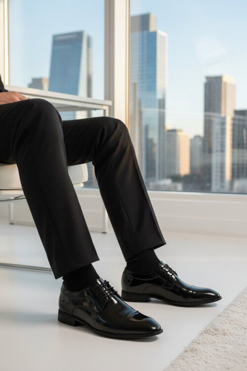 Premium Siyah Rugan Hakiki Deri Anatomik Erkek Klasik Ayakkabı 698 M