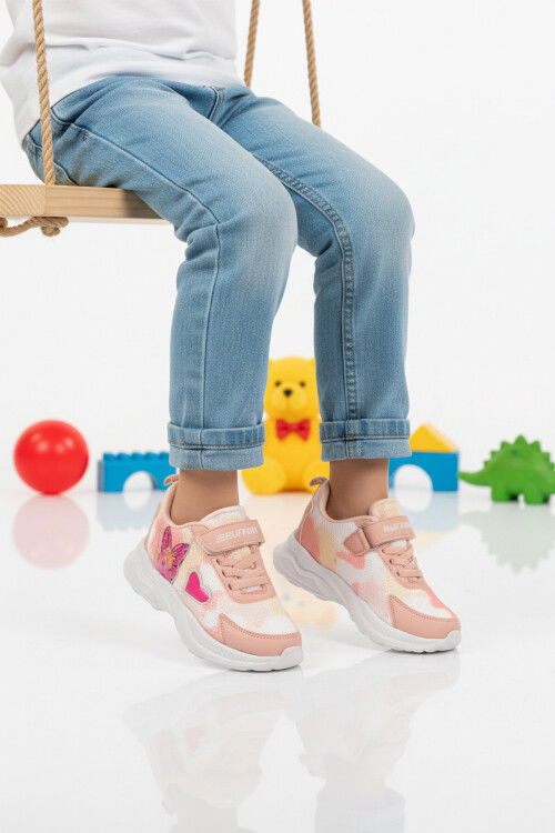 Pudra Fileli Cırtlı Kız Çocuk Spor Ayakkabı Ruffon P