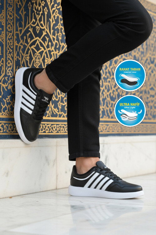 Siyah Beyaz Hafif Bağcıklı Erkek Spor Ayakkabı Pori 2079 M
