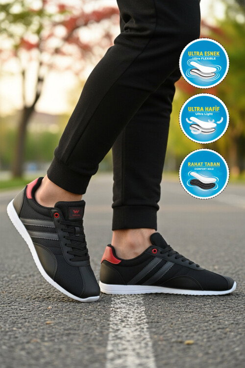 Siyah Beyaz Bağcıklı Hafif Erkek Spor Ayakkabı 2001 Tares M