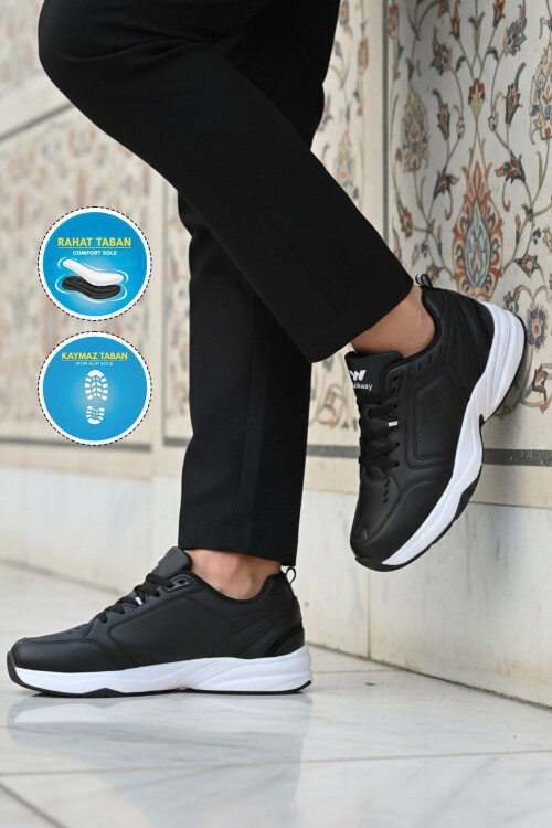 Siyah Beyaz Bağcıklı Kaymaz Taban Erkek Spor Ayakkabı Erya M