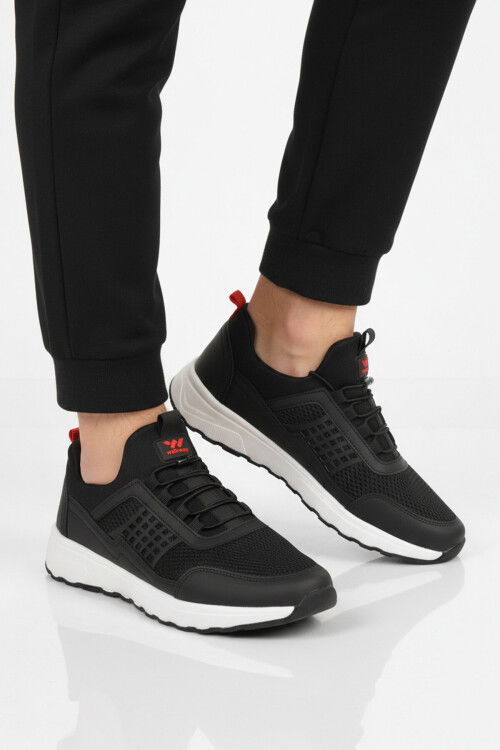 Siyah Beyaz Fileli Hafif Esnek Lastik Bağcıklı Erkek Spor Ayakkabı Motano M