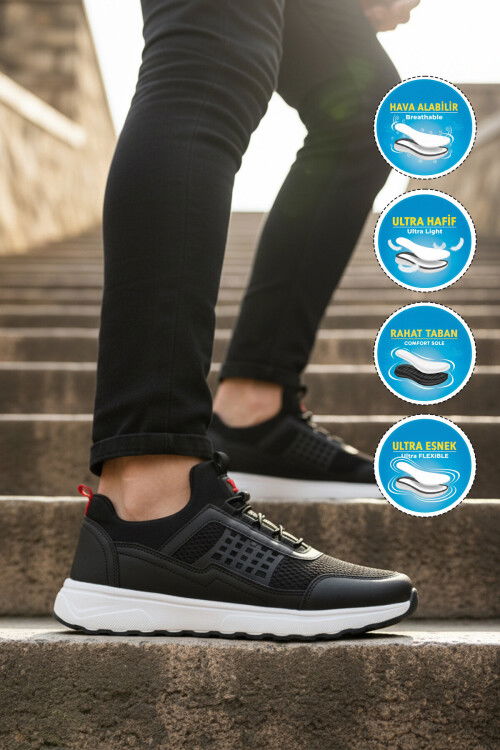 Siyah Beyaz Fileli Hafif Esnek Lastik Bağcıklı Erkek Spor Ayakkabı Motano M