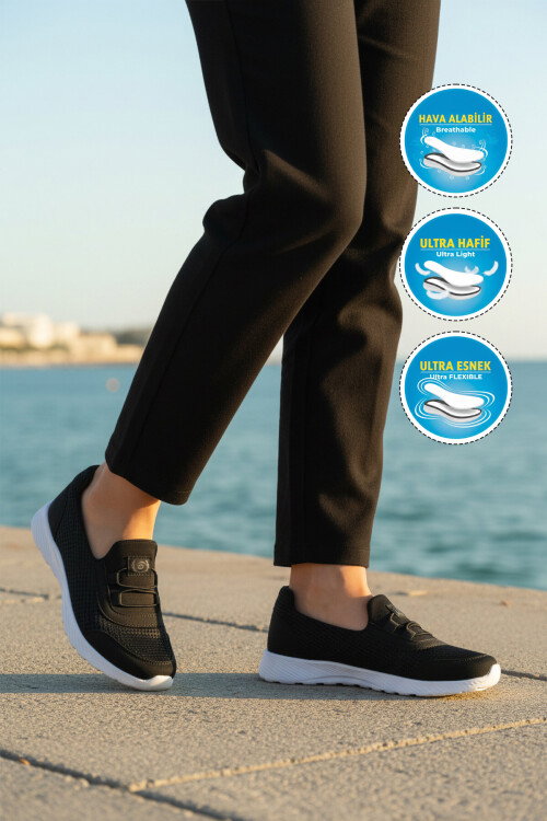 Siyah Beyaz Fileli Hafif Esnek Kolay Giyilebilir Kadın Casual Ayakkabı 575 G