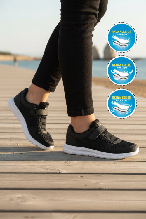 Siyah Beyaz Cırtlı Fileli Hafif Hava Alabilen Unisex Spor Ayakkabı 616 G