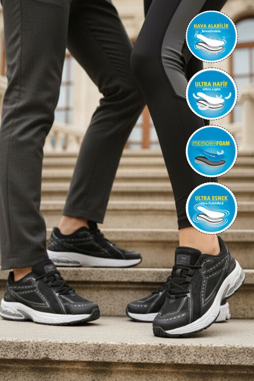 Siyah Beyaz Fileli Hafif Esnek Hafızalı Taban Unisex Spor Ayakkabı Ruth G