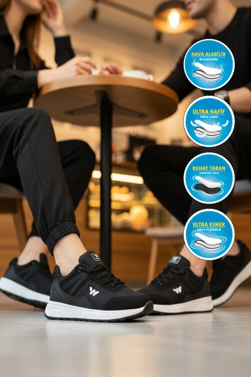 Siyah Beyaz Fileli Hafif Bağcıklı Unisex Spor Ayakkabı 7001 Omina G