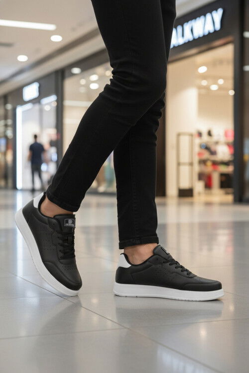 Siyah Beyaz Büyük Numara Bağcıklı Cilt Erkek Spor Ayakkabı 158 M