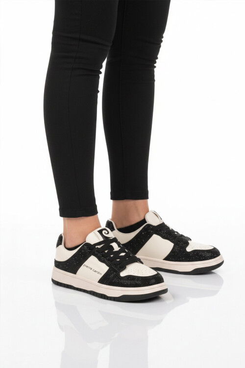 Siyah Beyaz Bağcıklı Taş İşlemeli Hafif Kadın Sneaker PCI-11505 G