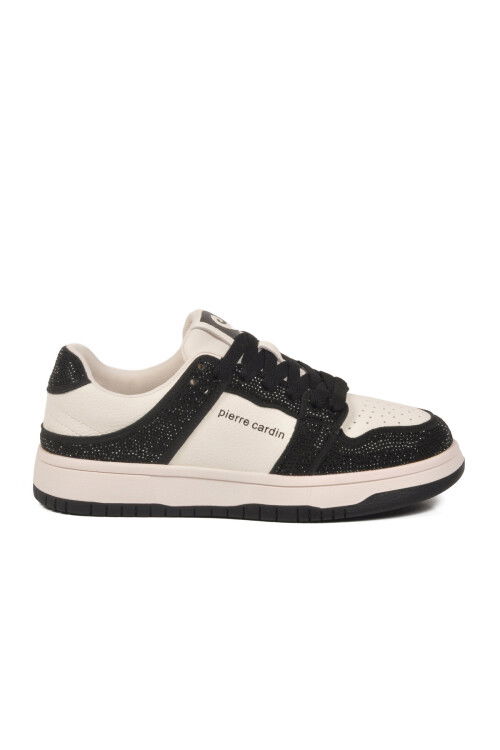 Siyah Beyaz Bağcıklı Taş İşlemeli Hafif Kadın Sneaker PCI-11505 G