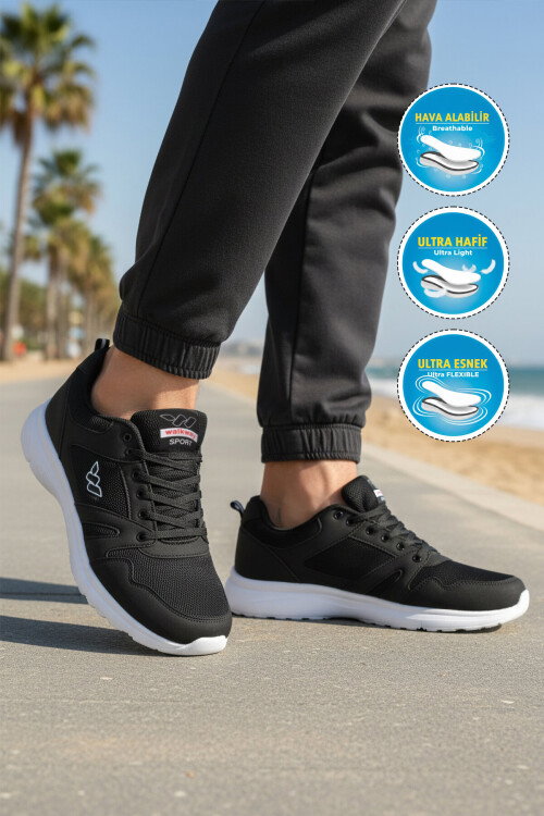 Siyah Beyaz Fileli Hafif Hava Alabilen Esnek Erkek Spor Ayakkabı 020 M