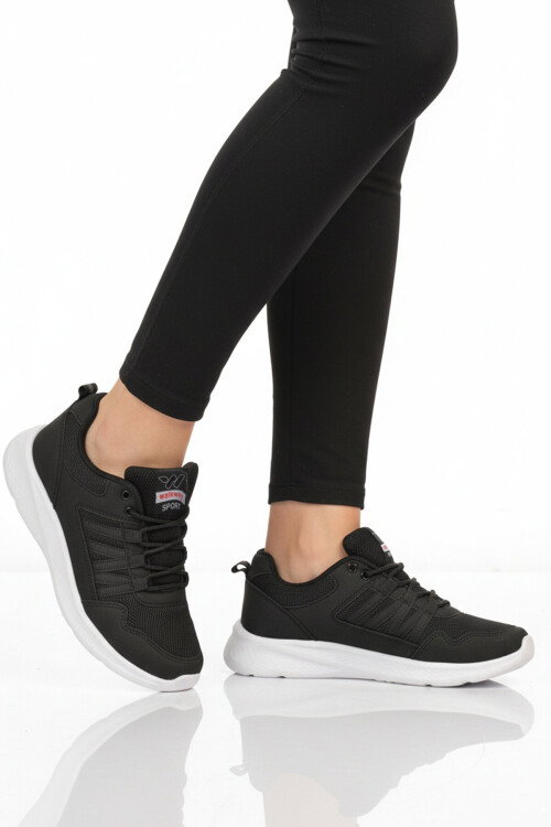 Siyah Beyaz Fileli Hafif Bağcıklı Unisex Spor Ayakkabı 2029 G