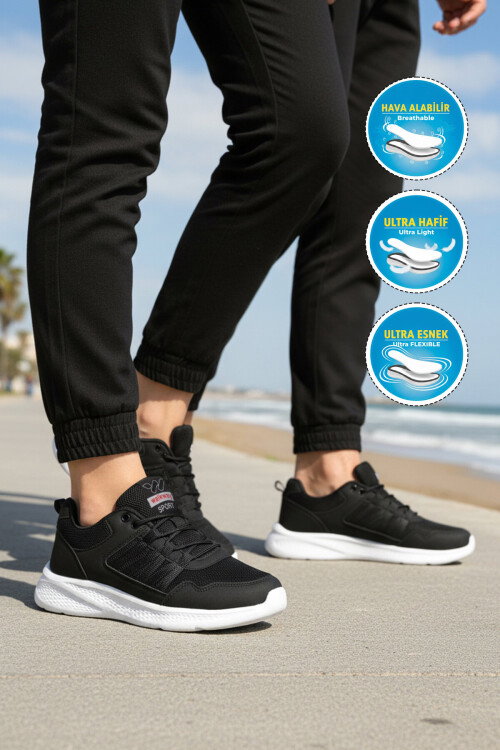 Siyah Beyaz Fileli Hafif Bağcıklı Unisex Spor Ayakkabı 2029 G