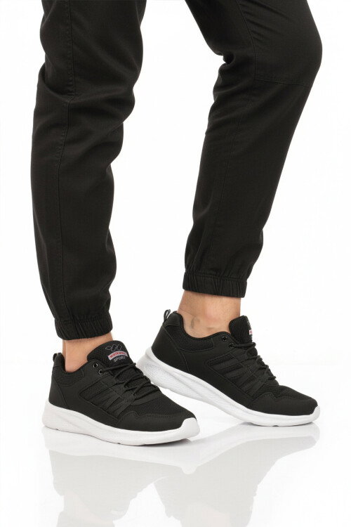 Siyah Beyaz Fileli Hafif Bağcıklı Esnek Erkek Spor Ayakkabı 2029 M