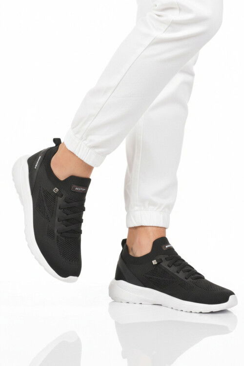 Siyah Beyaz Fileli Hafif Esnek Bağcıklı Erkek Spor Ayakkabı Bst-646 M