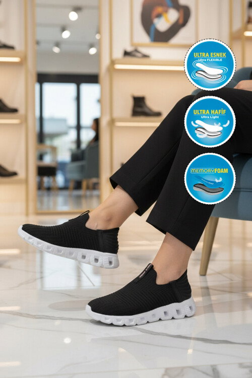 Siyah Beyaz Fileli Hafif Kolay Giyilebilir Kadın Spor Ayakkabı PCI-10101 G