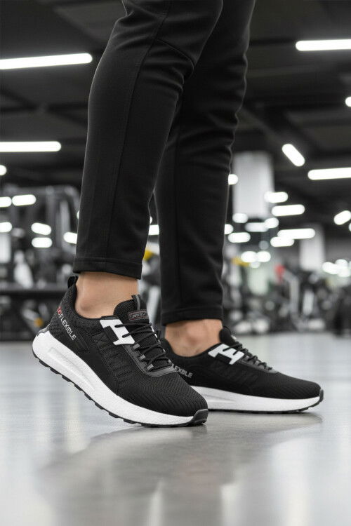 Siyah Beyaz Fileli Hafif Esnek Hafızalı Taban Erkek Spor Ayakkabı Bst-654 M