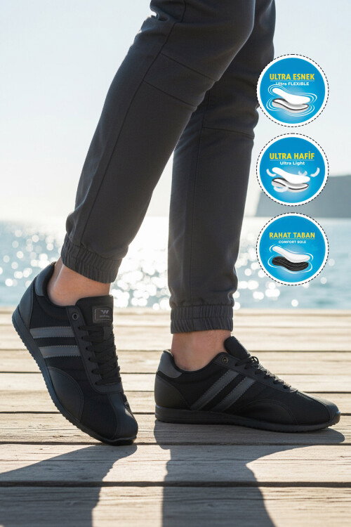 Siyah Gümüş Bağcıklı Hafif Erkek Spor Ayakkabı 2001 Tares M