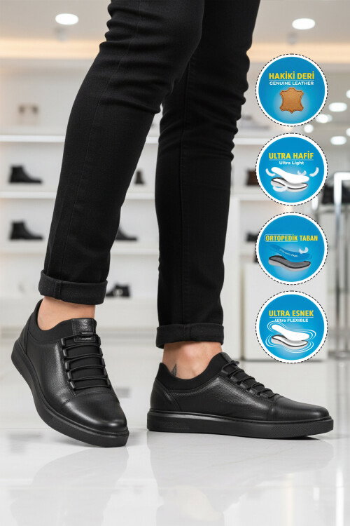 Siyah Hakiki Deri Ortopedik Erkek Casual Ayakkabı 422 M