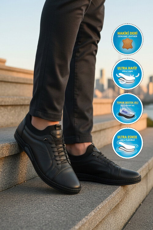 Siyah Hakiki Deri Jel Taban Anatomik Erkek Casual Ayakkabı 419 M