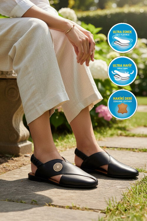 Siyah Hakiki Deri Kadın Sandalet 604 Z