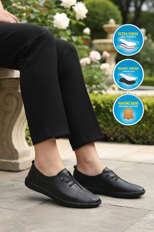 Siyah Hakiki Deri Anatomik Kadın Casual Ayakkabı Premium 04034 Z