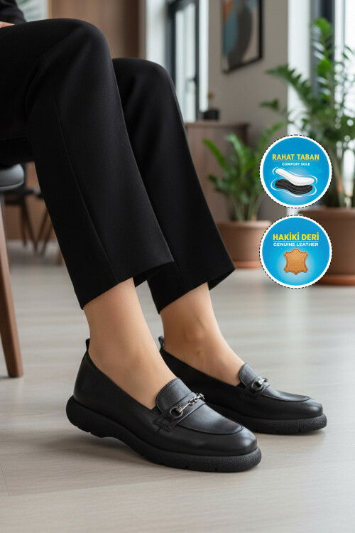 Siyah Hakiki Deri Kadın Casual Ayakkabı Premium 44332 Z