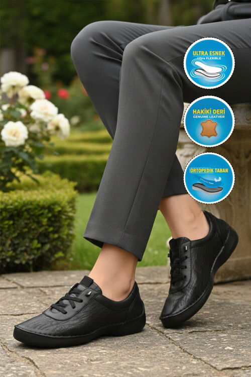 Premium Siyah Hakiki Deri Anatomik Kadın Casual Ayakkabı 44406 Z