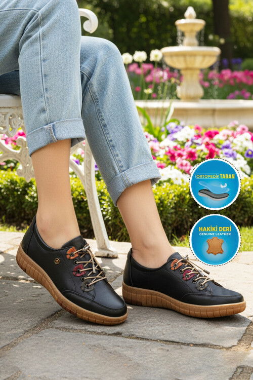 Black Genuine Leather Orthopedic Womens Casual Shoes 401 Z