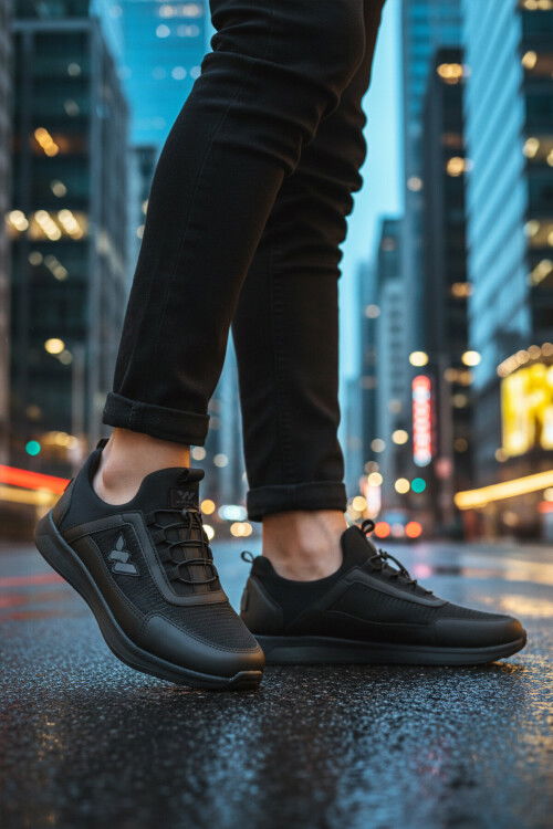 Black Lock Lace-Up Lightweight Flexible Mens Sneakers Apollo 166 M